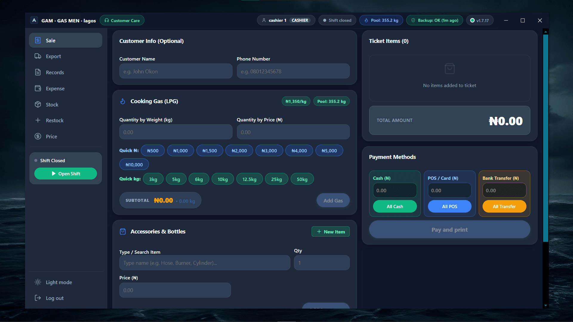 GAM Cashier Sales Screen — Dispensing desk POS with kg presets and instant ticket generation (Dark Mode)