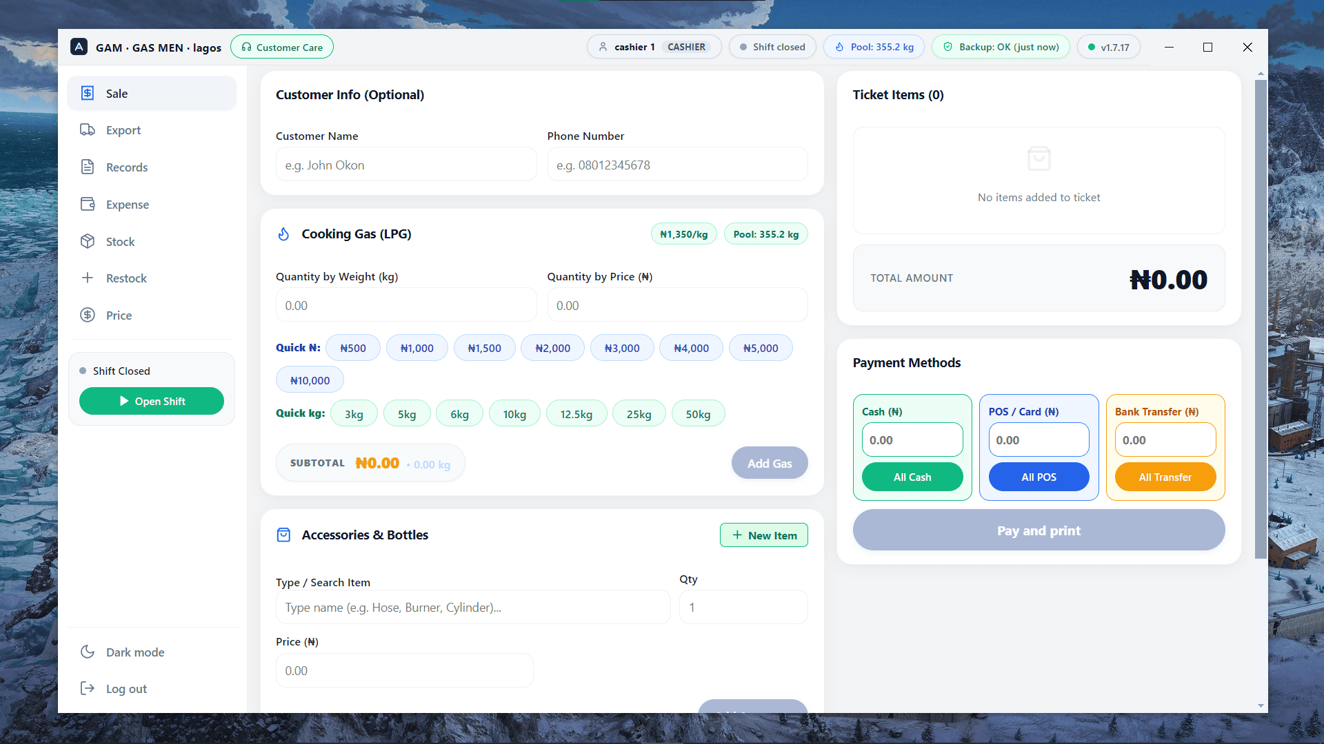 GAM Cashier Sales Screen — Dispensing desk POS with kg presets and instant ticket generation (Light Mode)