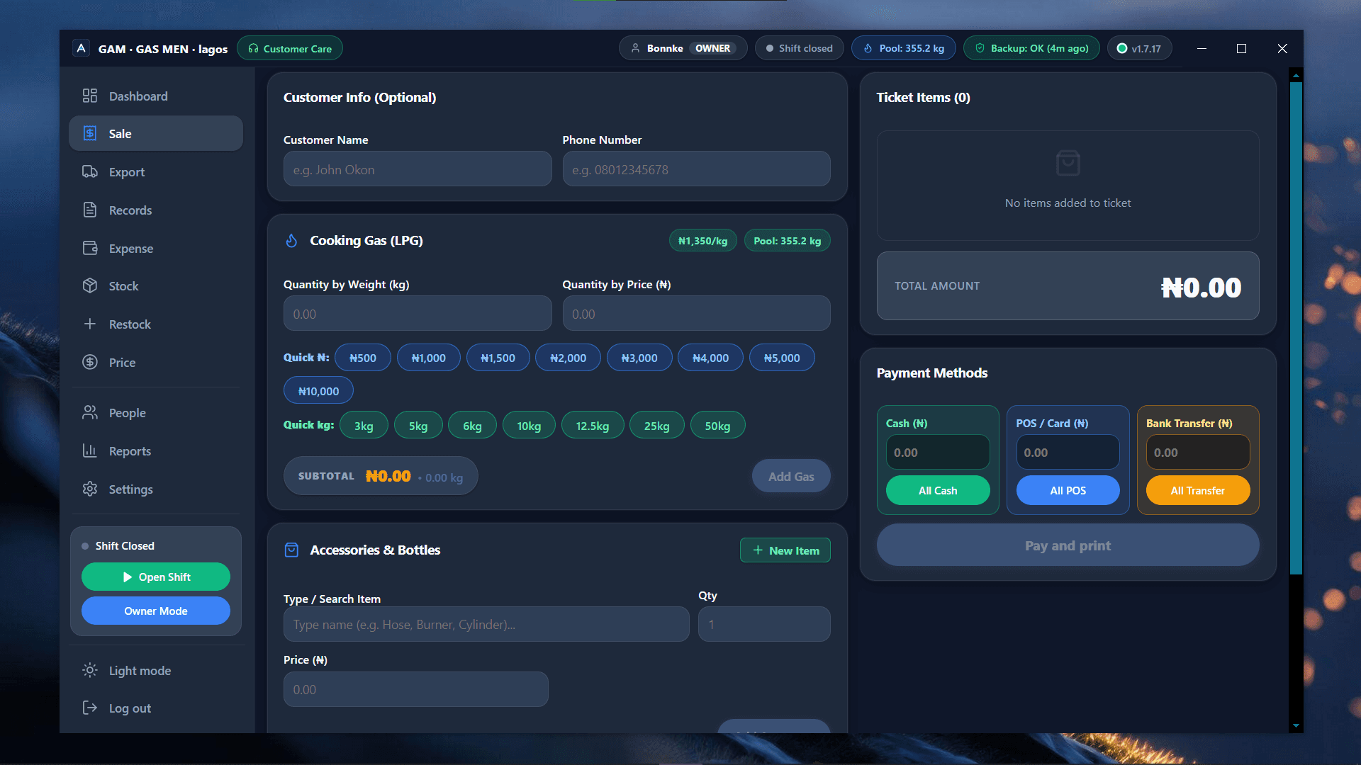 GAM Owner Sales Screen — Audit ledger of all station tickets and transactions (Dark Mode)