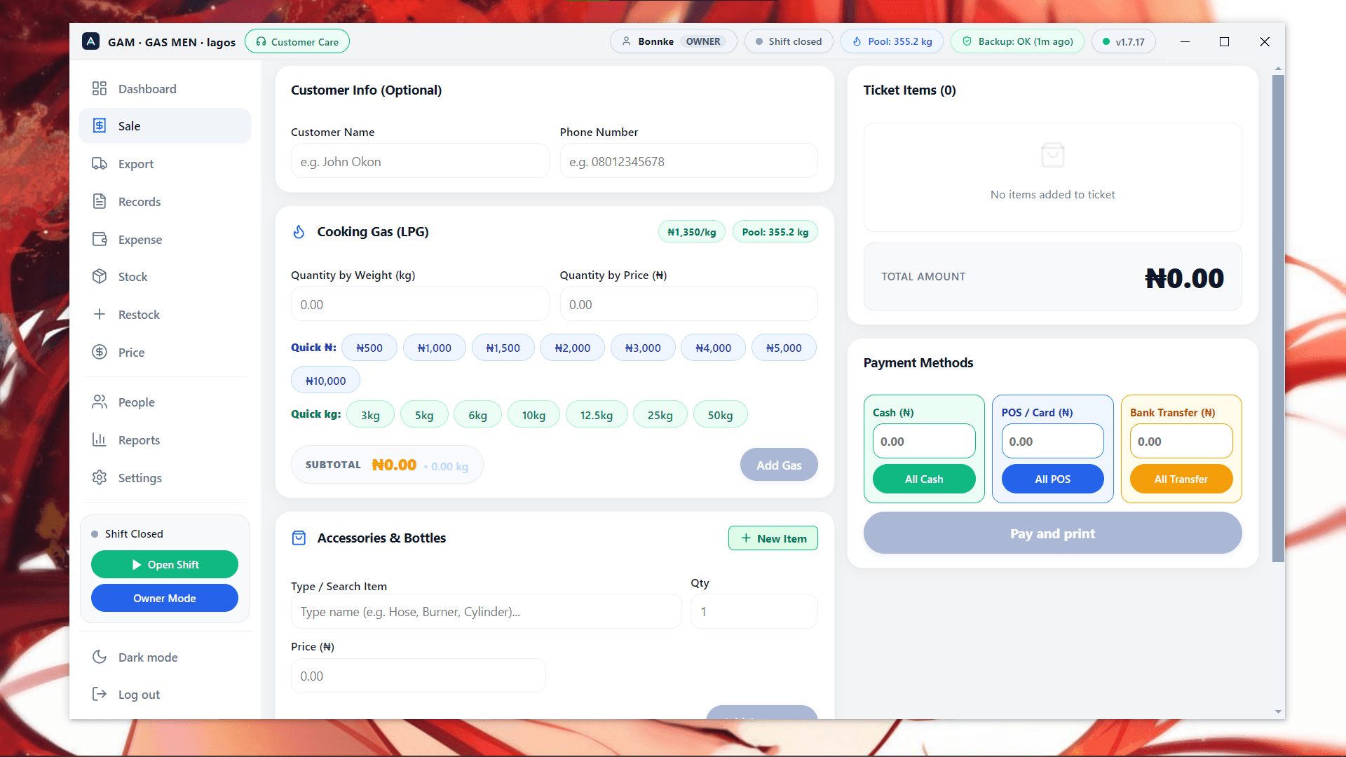 GAM Owner Sales Screen — Audit ledger of all station tickets and transactions (Light Mode)